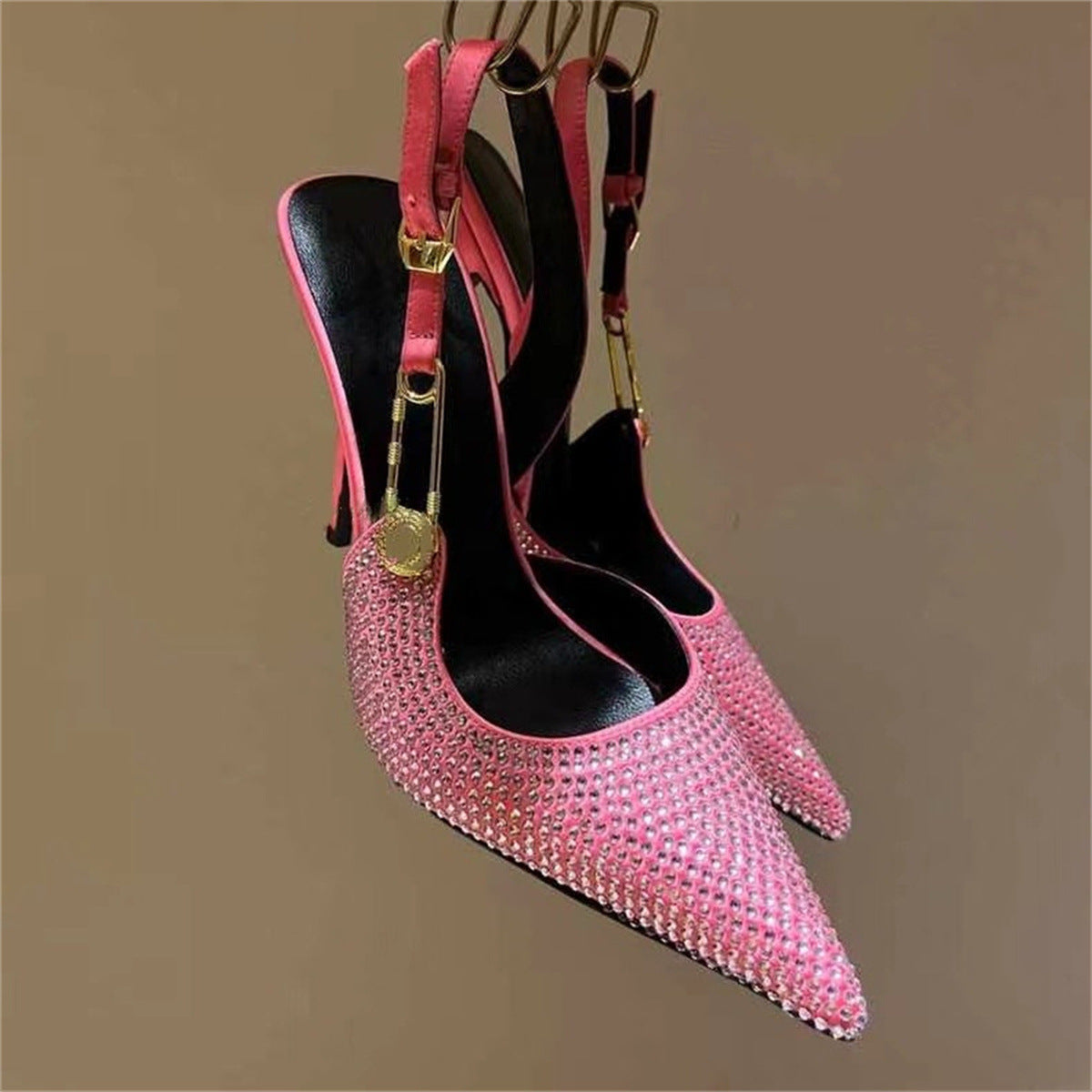 Rhinestone Pointed Toe Strap Heels
