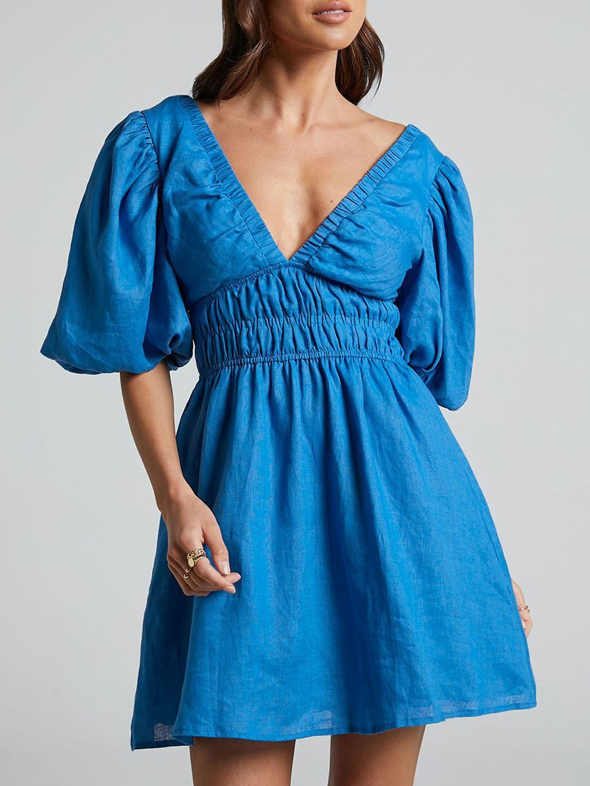 Women's Elegant Slim Cotton Puff Sleeve Dress