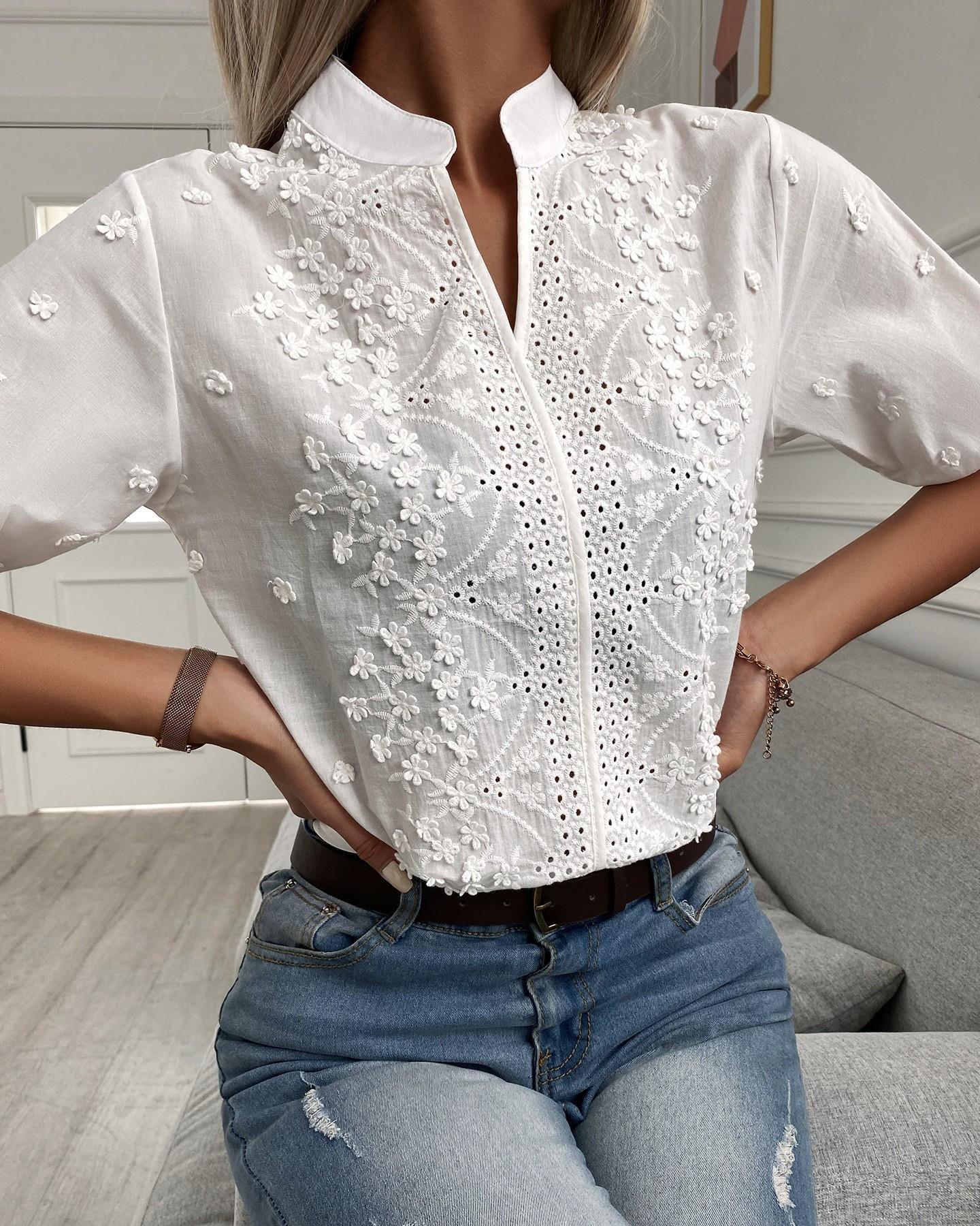 V-neck Stand Collar Embroidery Lace Blouse
