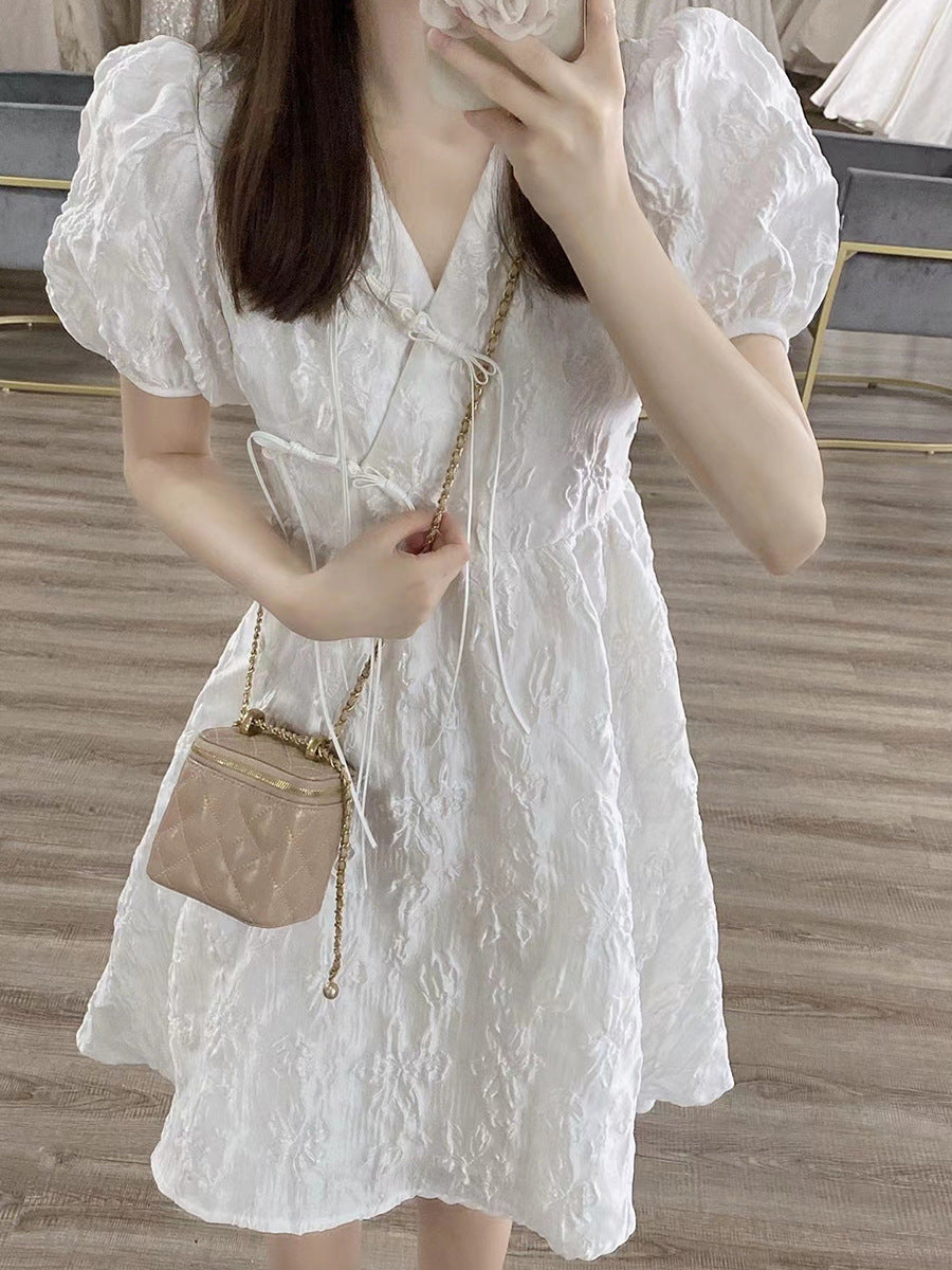 White V-neck Puff Sleeve Dress