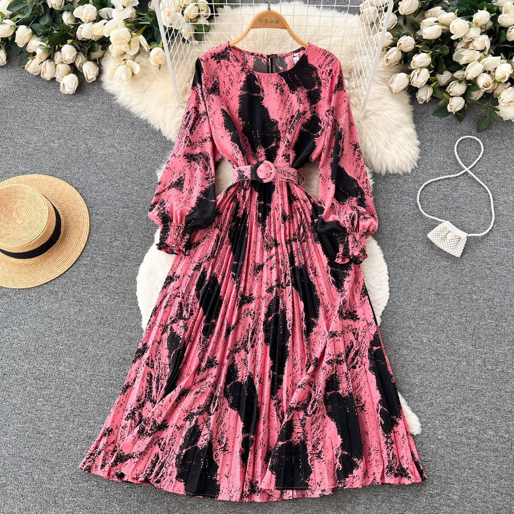 European Style Retro Printed Heavy-duty Pleated Dress