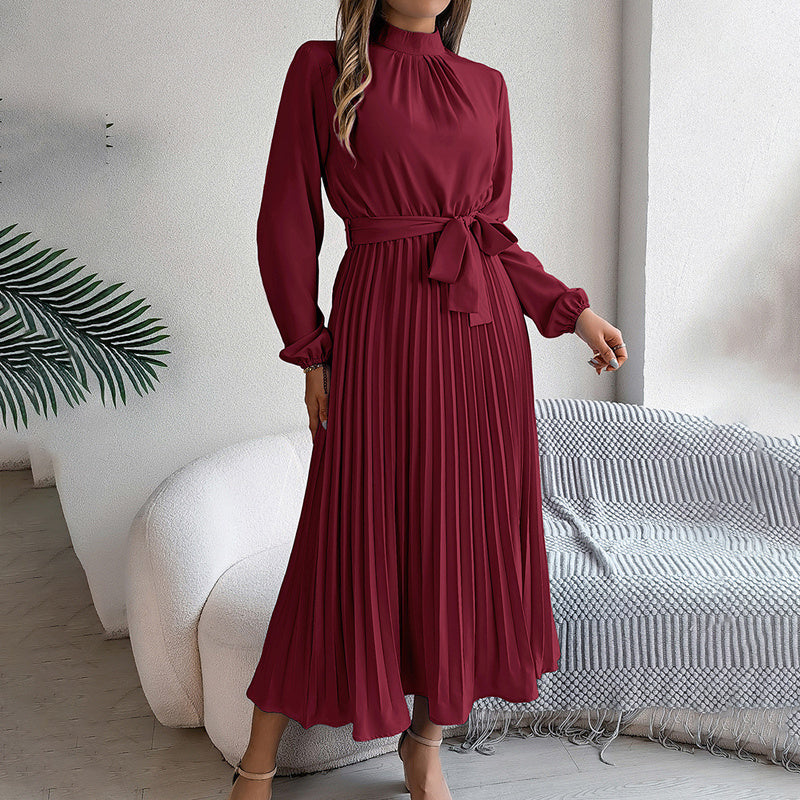 High Neck Long Sleeve Pleated Maxi Dress