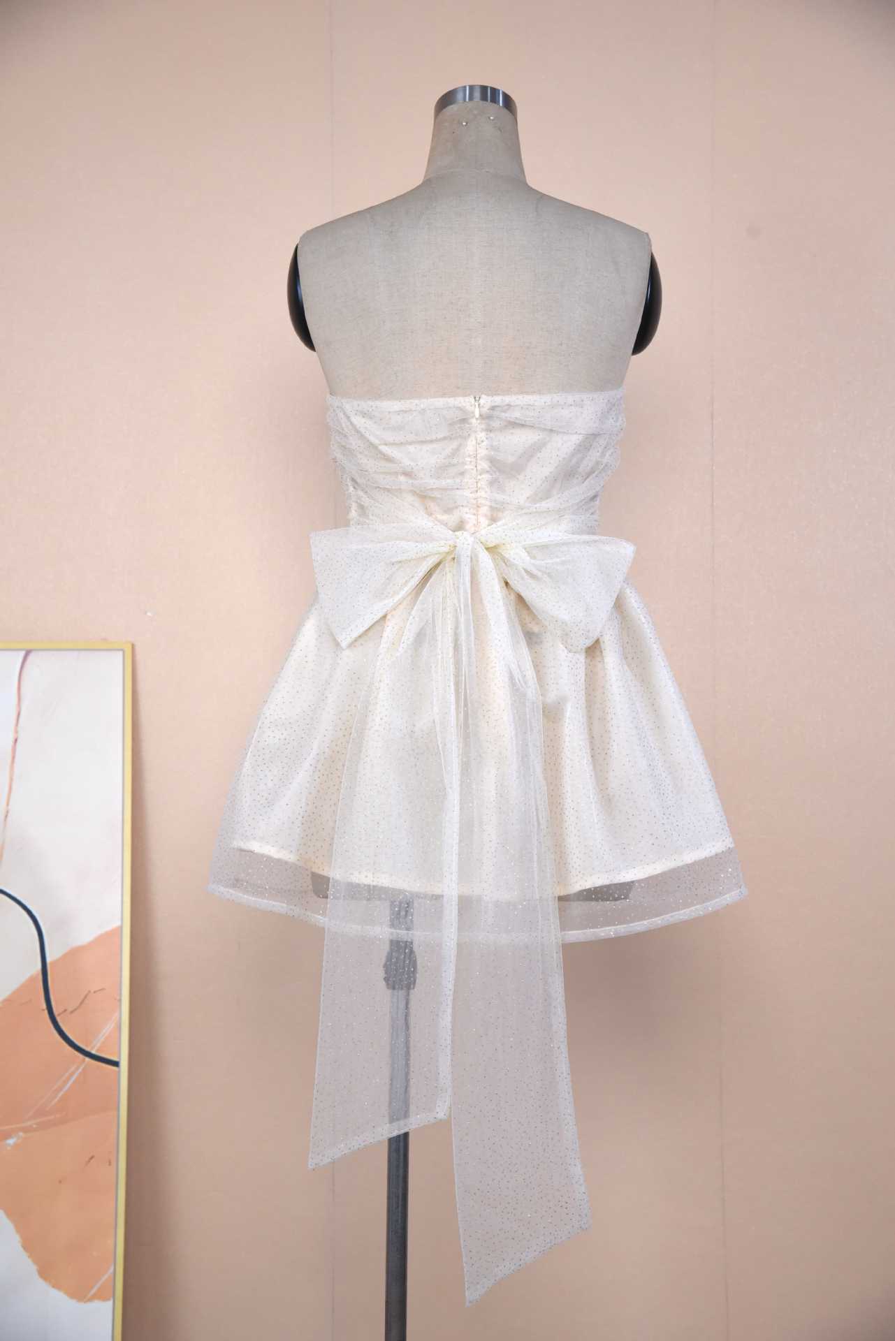 Tube Top Lace Dress With Back Bow-knot Mesh Stitching Off-neck Short Skirt