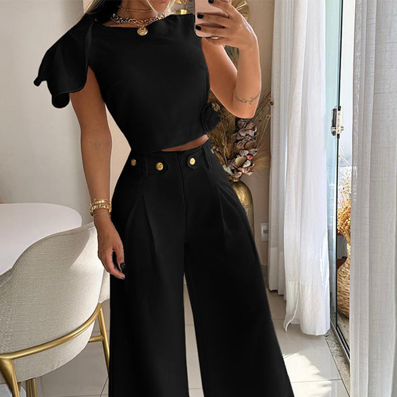 Petal Sleeve Blouse And Pant Set