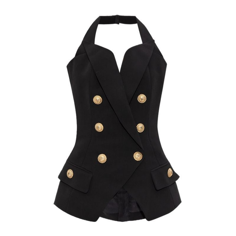 Double breasted sling vest in a stylish suit design by M Chic Boutique, showcasing a sleek and modern silhouette.