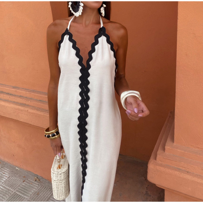Elegant Spliced Halterneck With Suspenders Dress