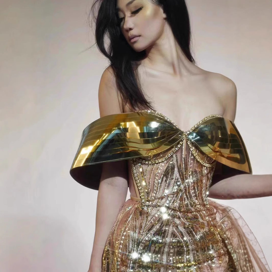 Gold Strapless Sequined Split Dress