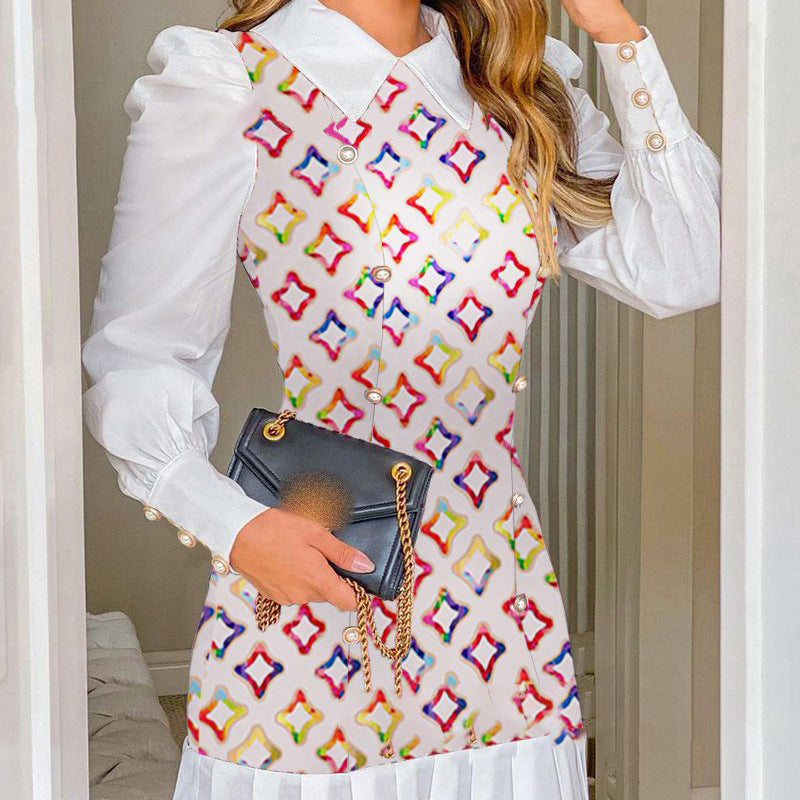 Elegant Shirt Collar Houndstooth Pleated Dress