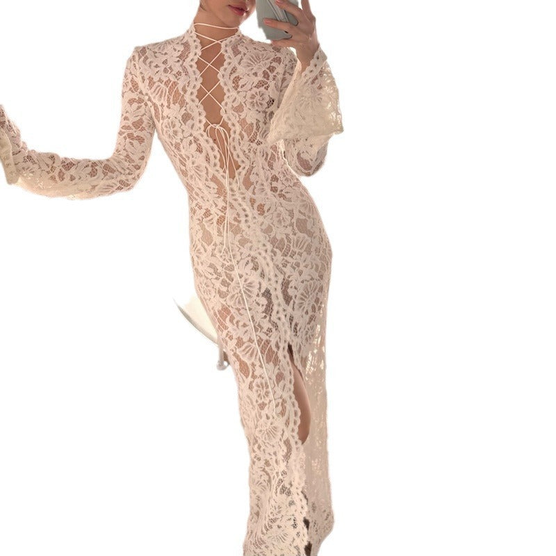 Knitted Hollow-out Micro-transparent Slit Long Sleeve Dress