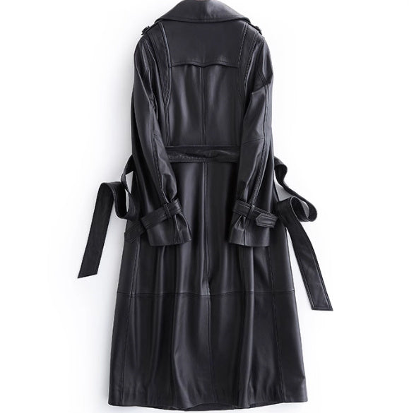 Long Tie Double Breasted Leather Coat