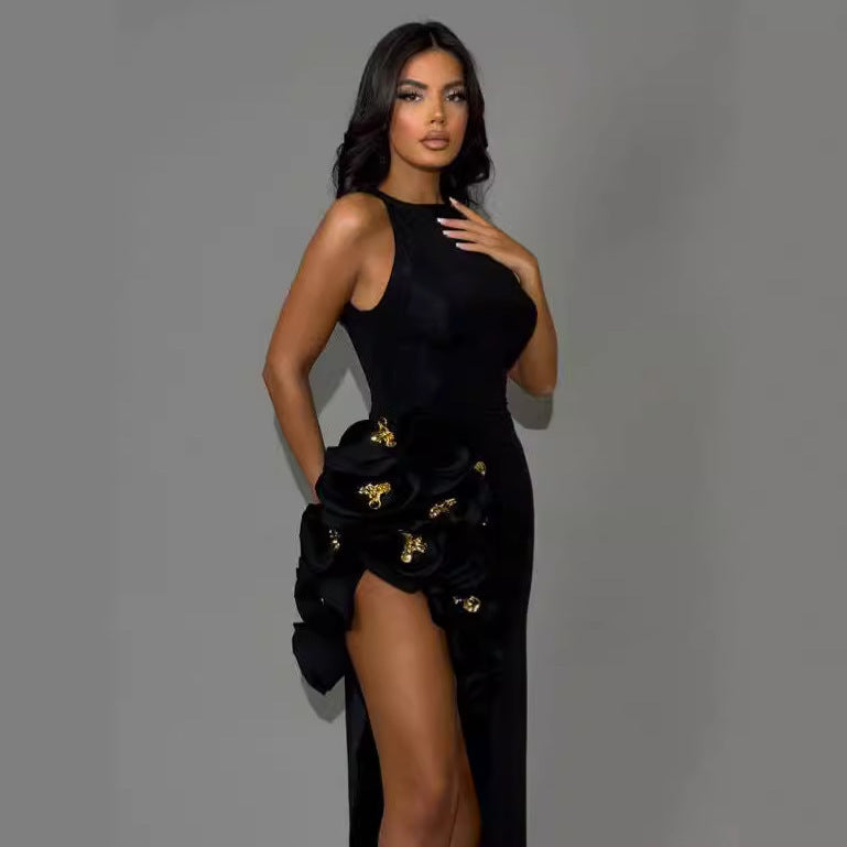 Three-dimensional Flowers Slit Black Dress