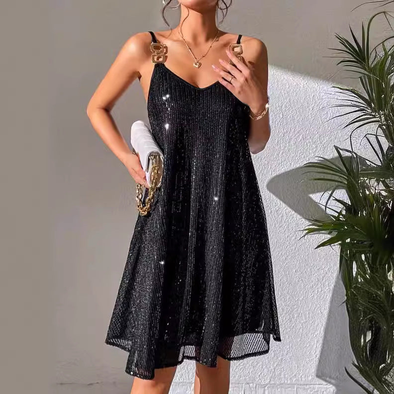 Solid European Style Elegant Sequins Dress