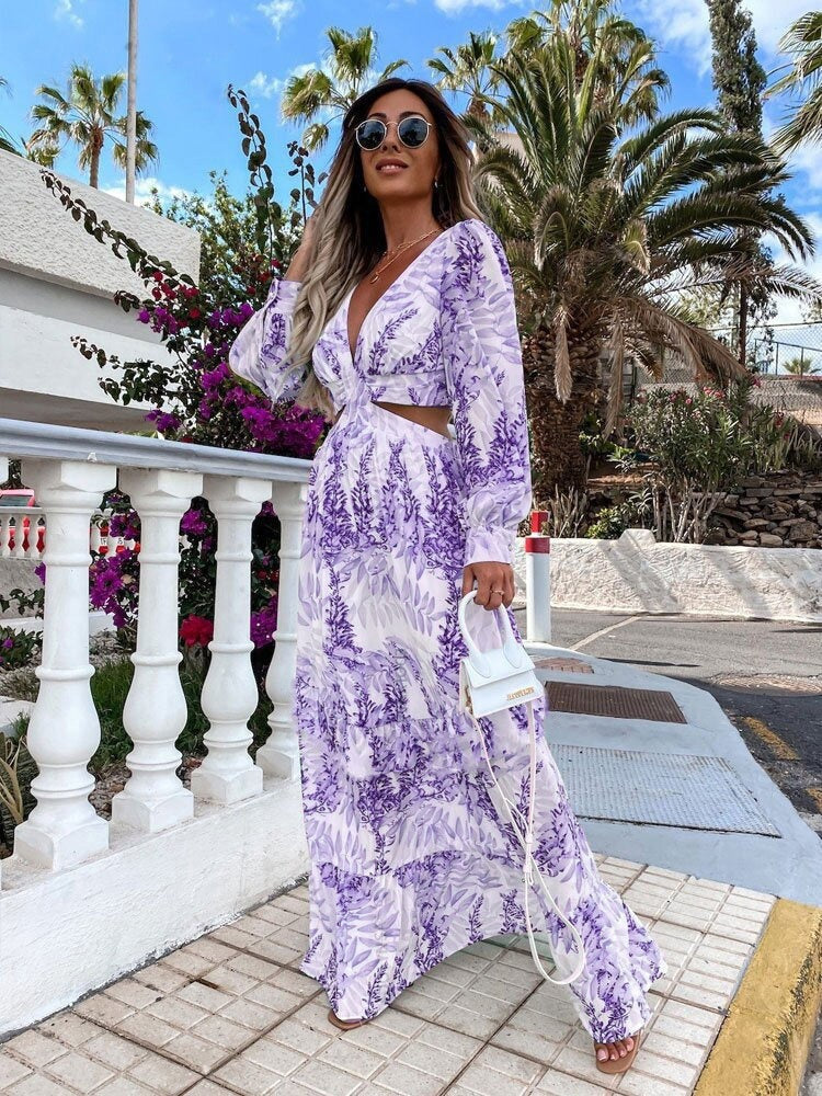 Elegant Hollow Floor V-neck Long-sleeved Dress