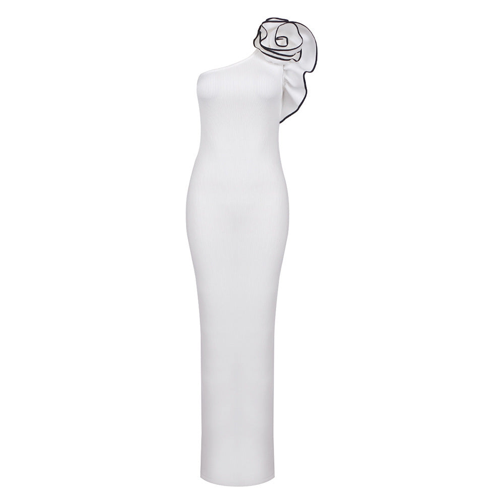 White One-shoulder Flower Long Dress