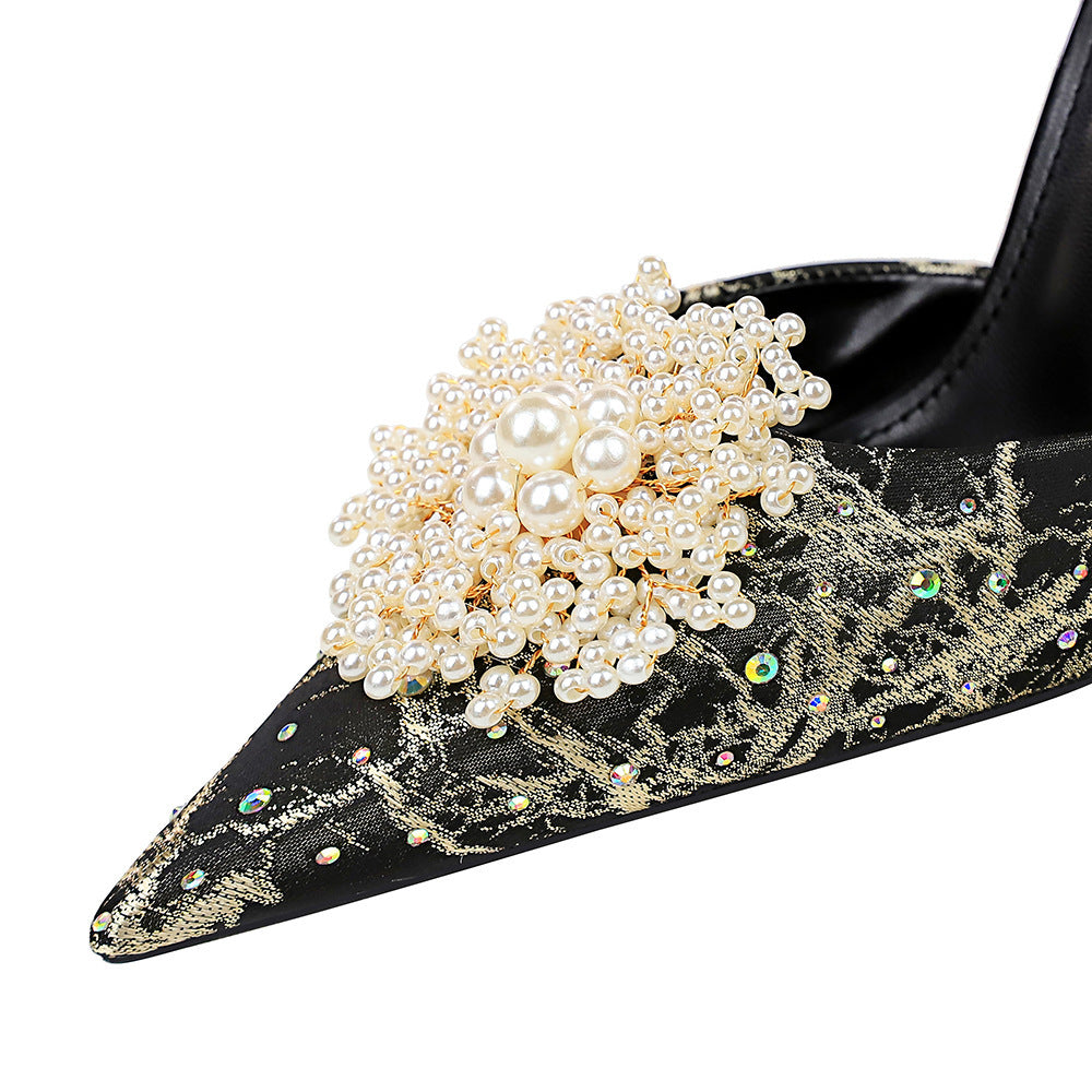Pointed Toe Rhinestone Pearl Flower High Heels