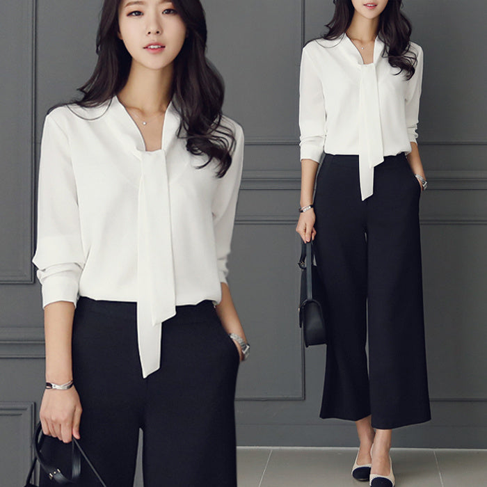 Long-sleeved Bow Ribbon Blouse