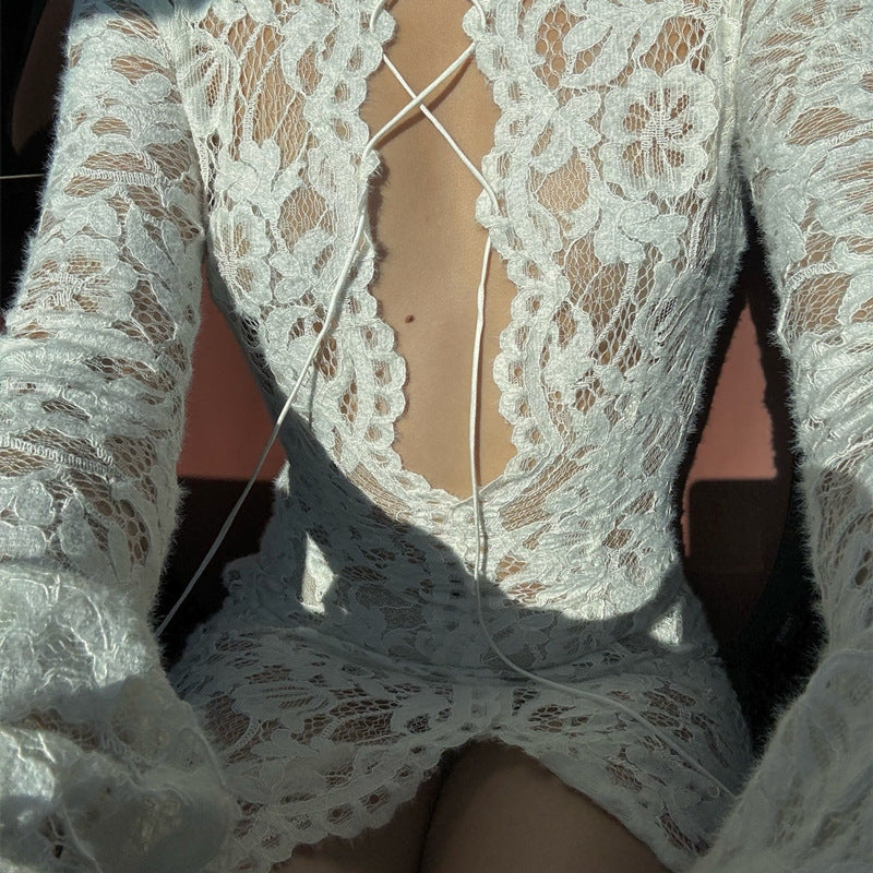 Knitted Hollow-out Micro-transparent Slit Long Sleeve Dress