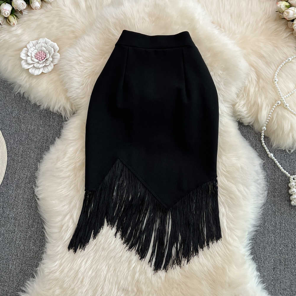 Stitching Tassel High Waist Pencil Skirt