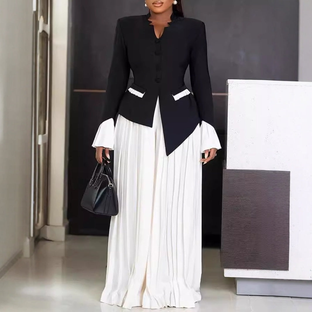 Pleated Blouse And Pants Suit
