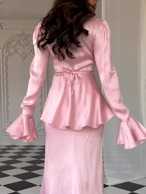 Solid Bell Sleeve Ruffle Blouse