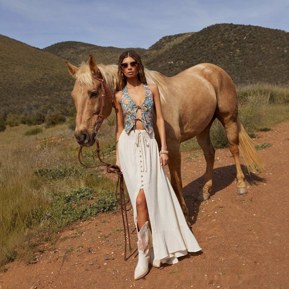 Solid Color Lace-up Waist-slimming Long Dress