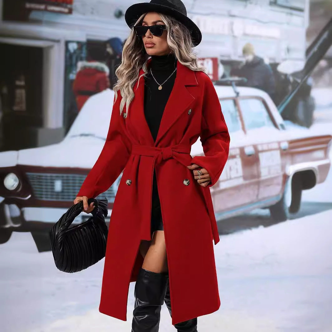 Solid Color Double Breasted Lace-up Woolen Coat