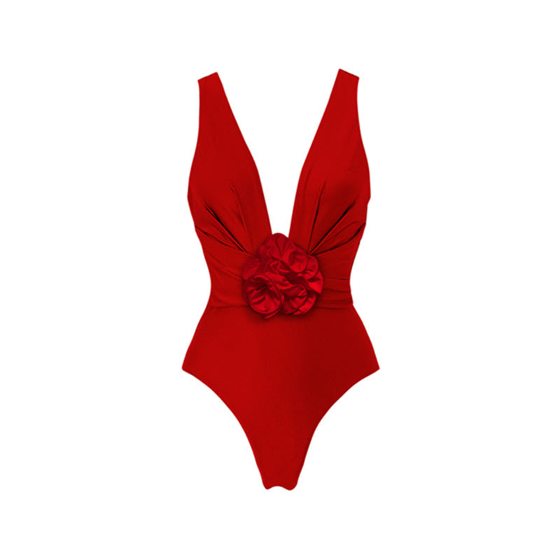 Red V-neck Flower Detachable One-piece Swimsuit