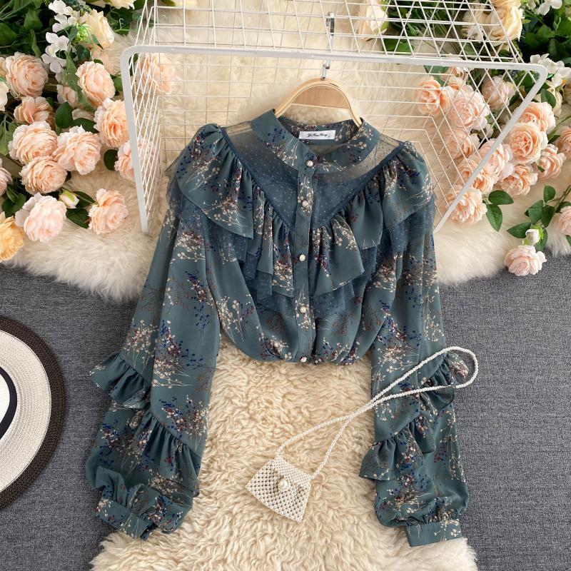 See-through Mesh Ruffled Blouse