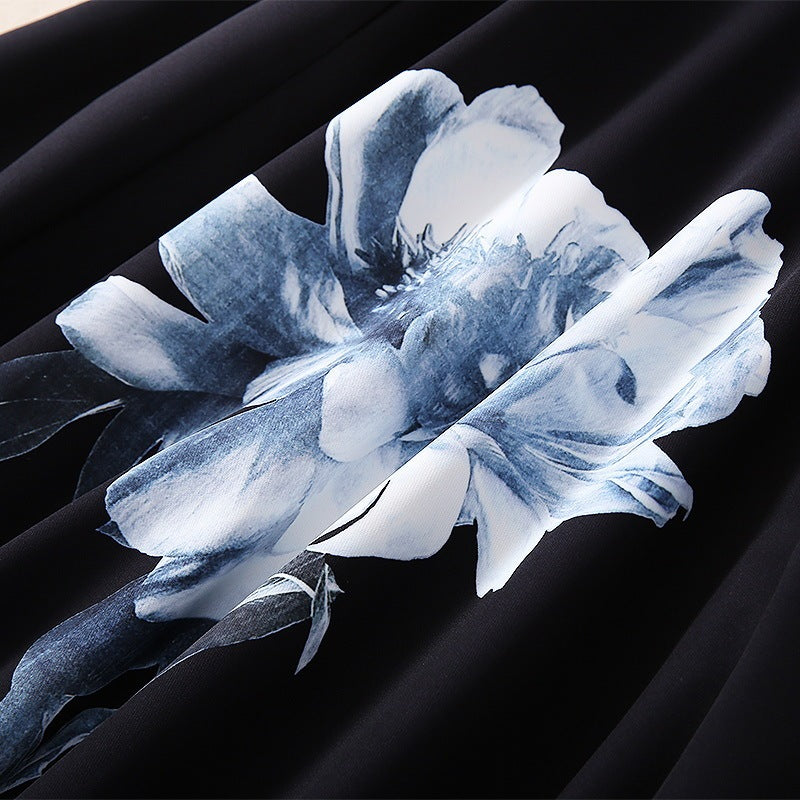 Thin Black Flower Swing French Dress