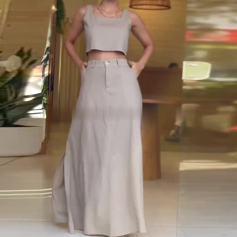 Square-neck Short Sleeveless High Waist Skirt Suit