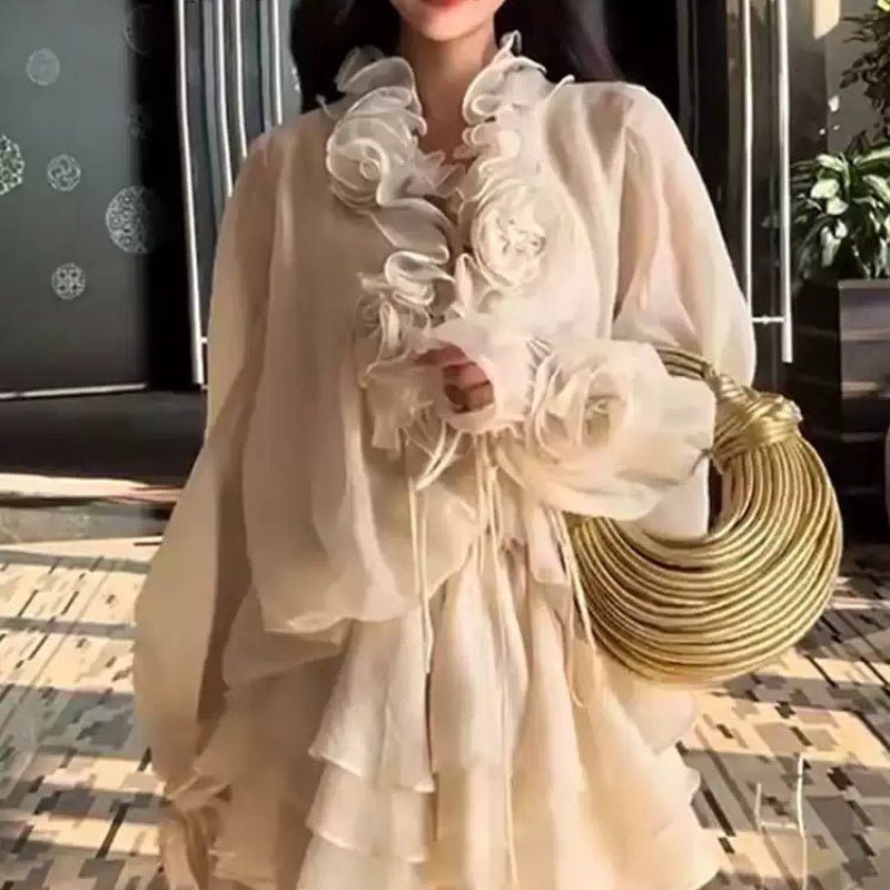 French Style Stand-up Collar Puff Sleeve Shirt