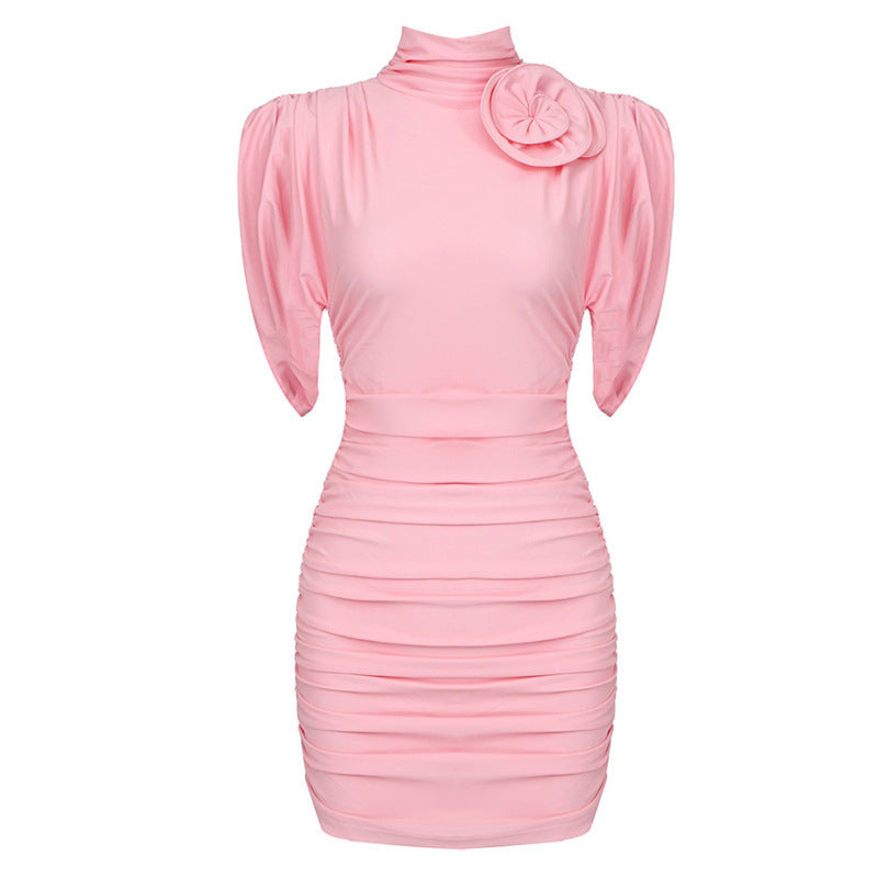 French Three-dimensional Turtleneck Pleated Dress