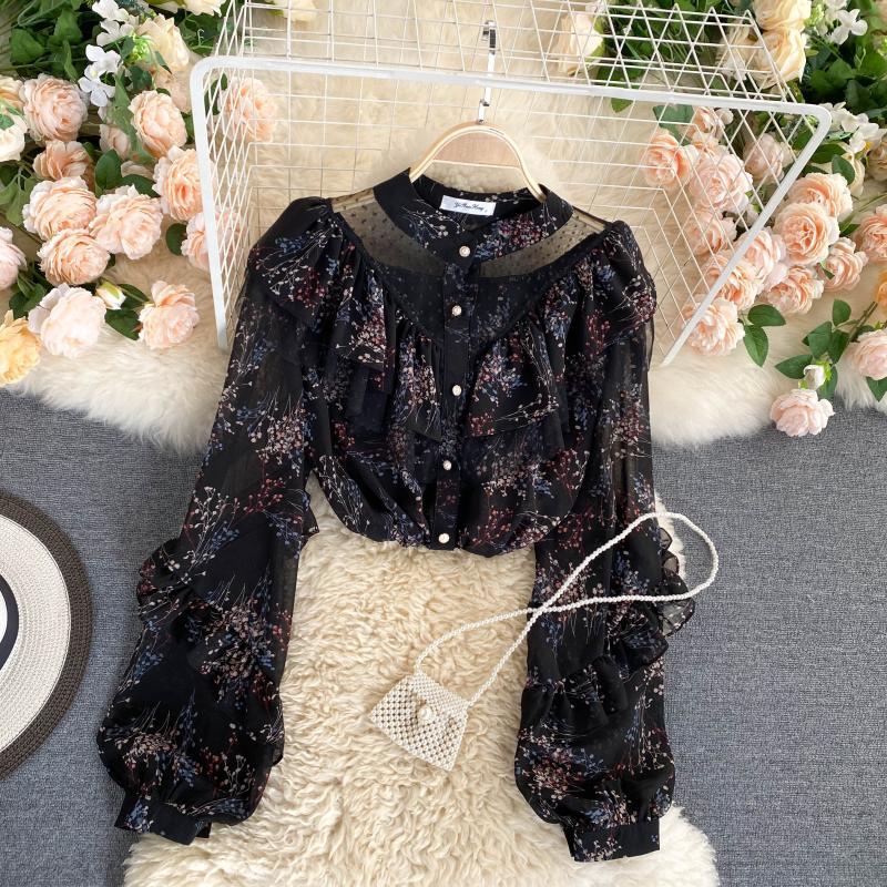See-through Mesh Ruffled Blouse