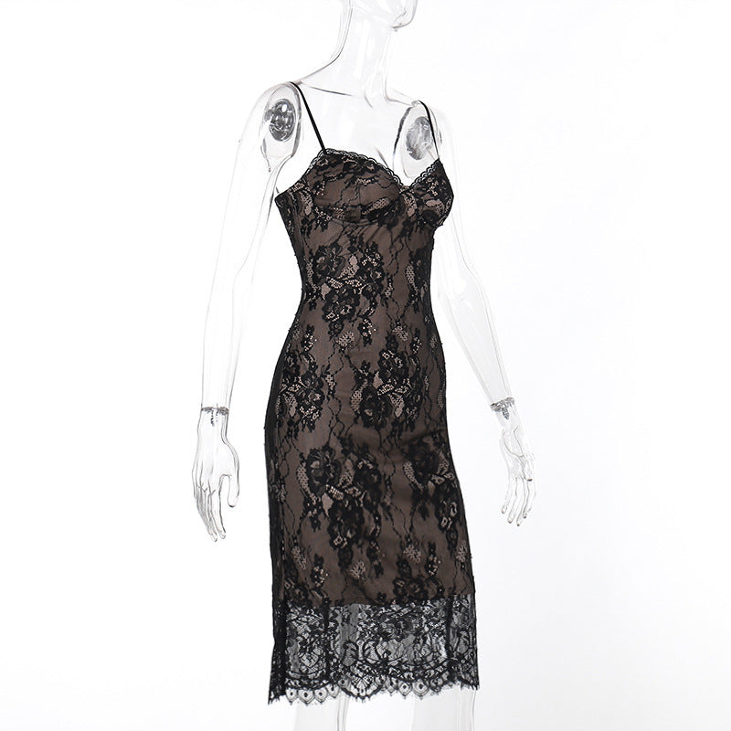 M Chic Boutique waist-tight lace sling dress featuring a fitted silhouette and intricate lace details.