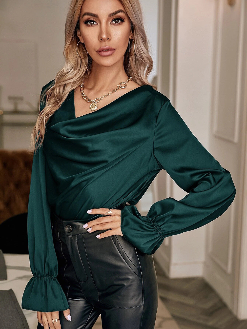 Elegant Satin Collar Straight Blouse