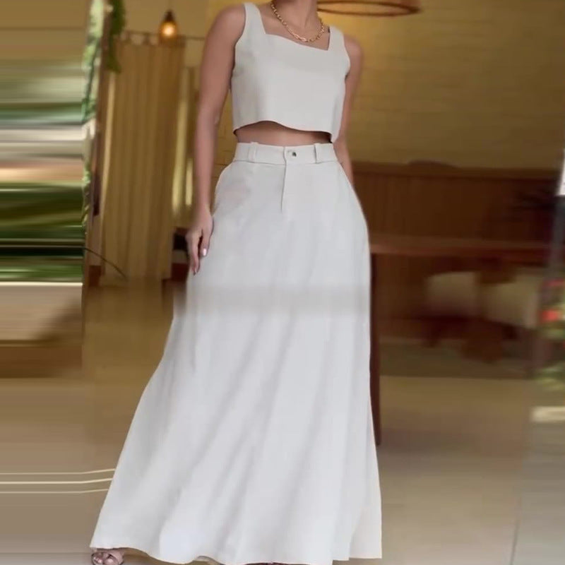Square-neck Short Sleeveless High Waist Skirt Suit