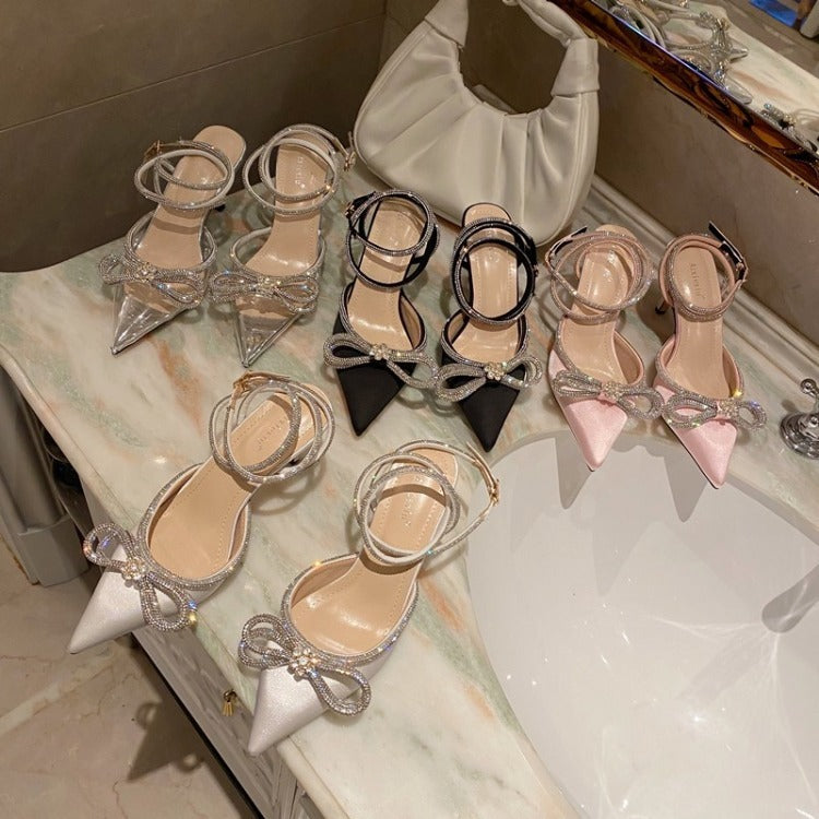 Rhinestone Bow Pointed High Heels