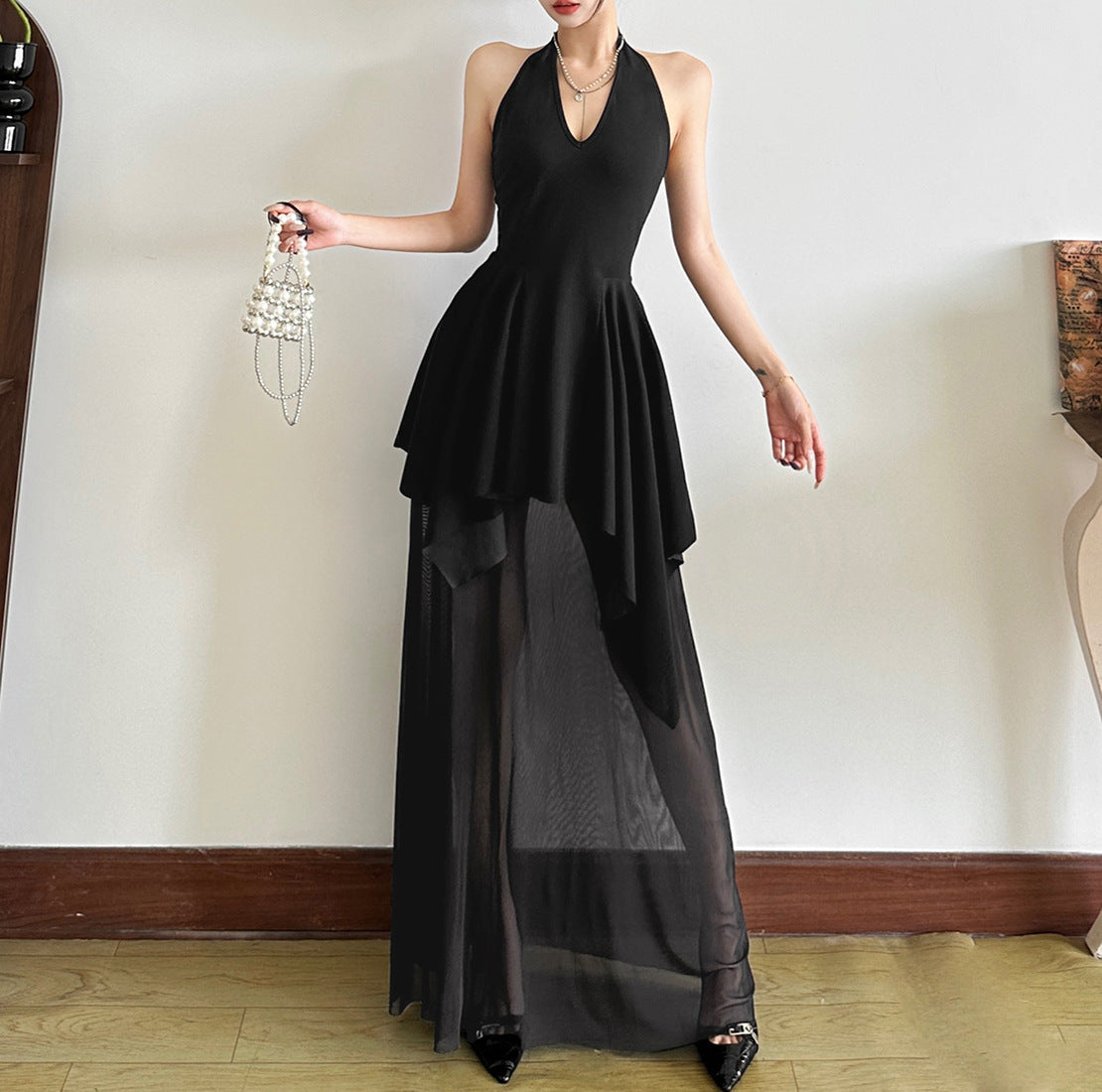 V-neck Backless Girdle Mesh Stitching Design Dress