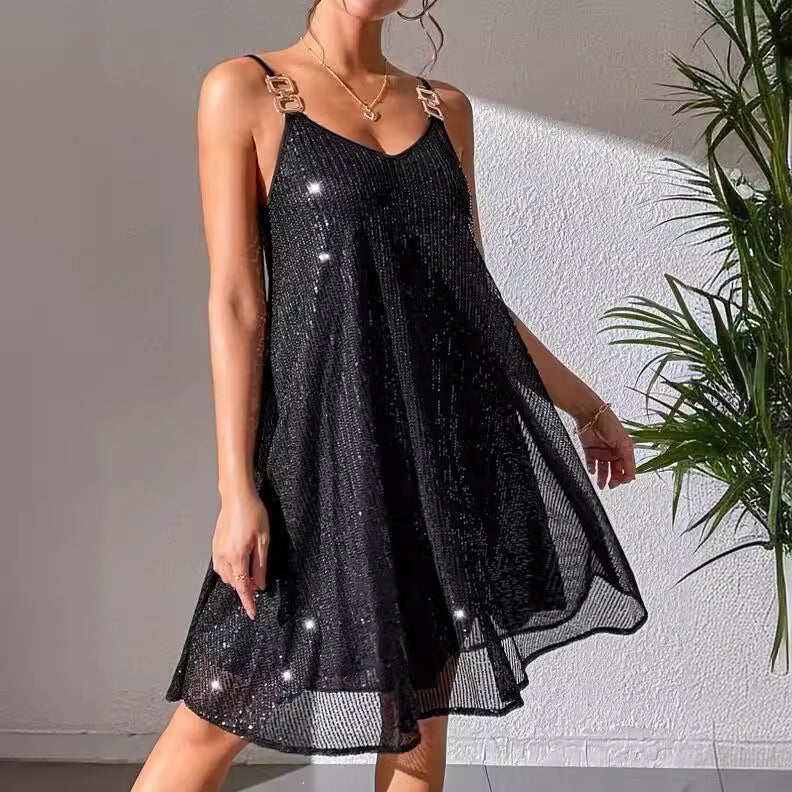 Solid European Style Elegant Sequins Dress