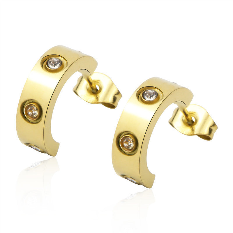 Stainless Steel C-shaped 4 Diamond Earrings