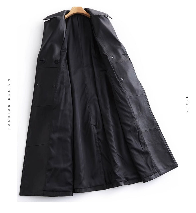 Long Tie Double Breasted Leather Coat