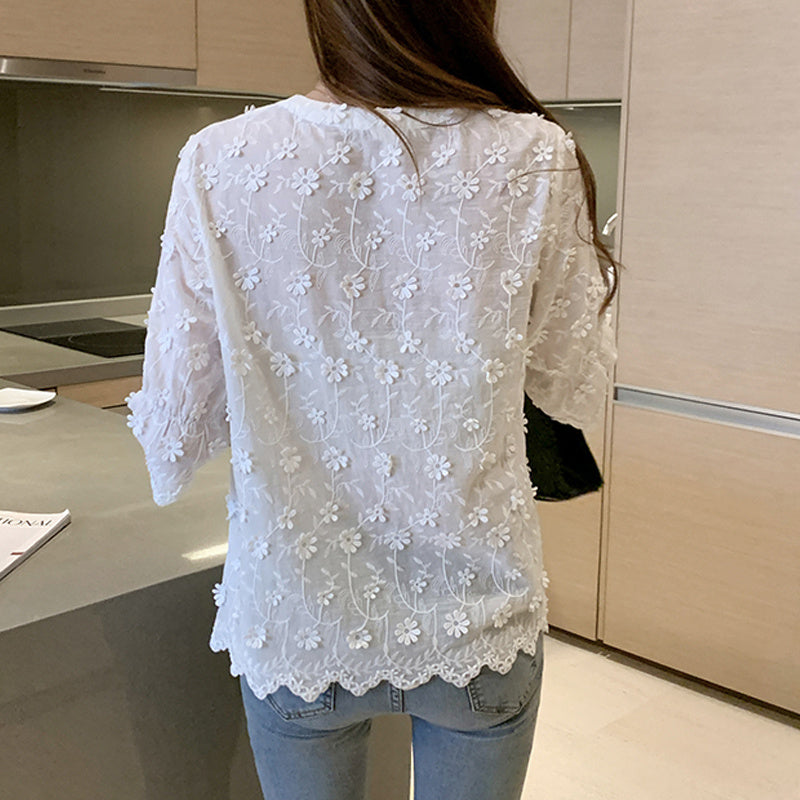 Lace Shirt Flared Embroidered Blouse