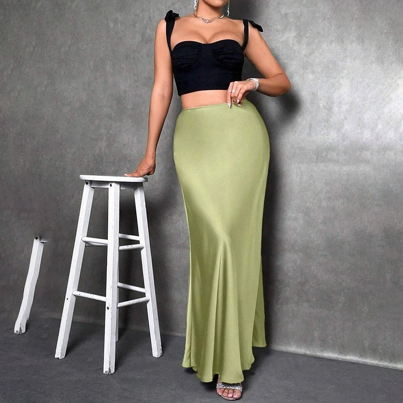 Satin High Waist Flared Midi Skirt