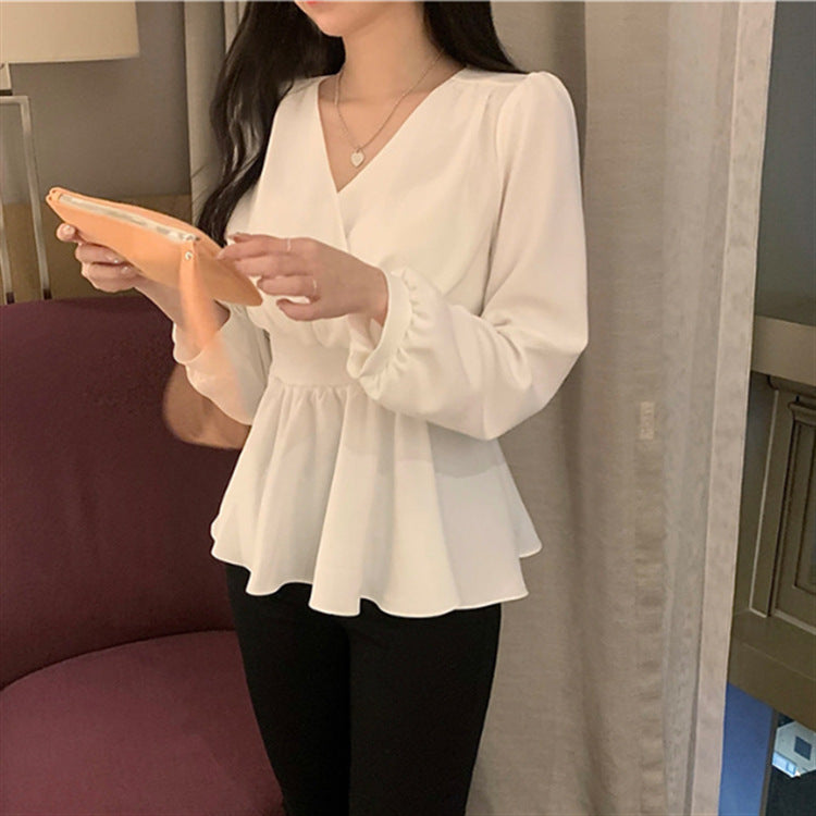 Solid Color Waist Long-sleved Blouse