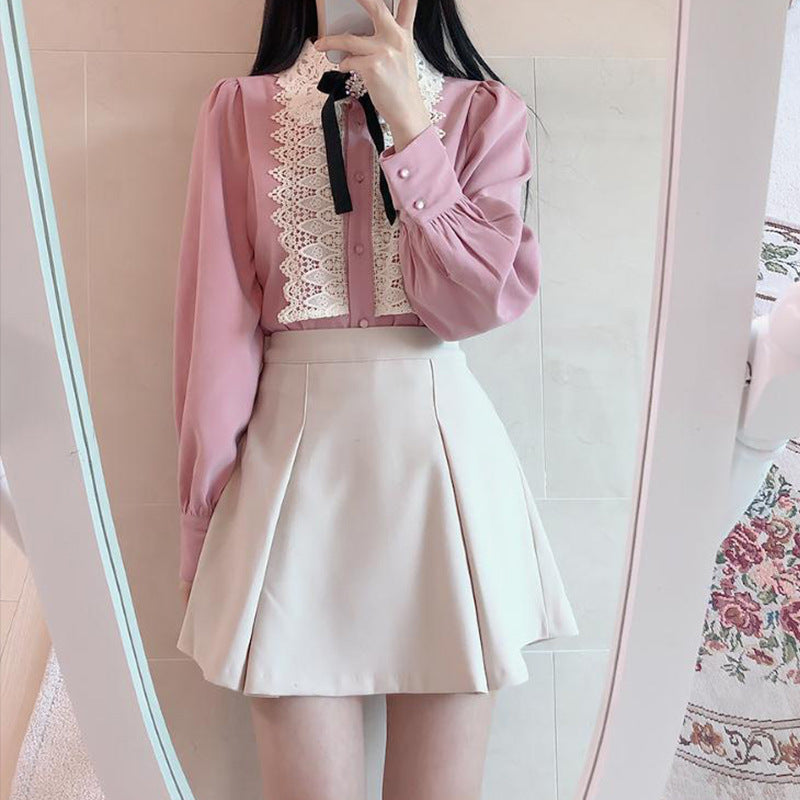 Lace Bow Elegant Long Sleeve Dress
