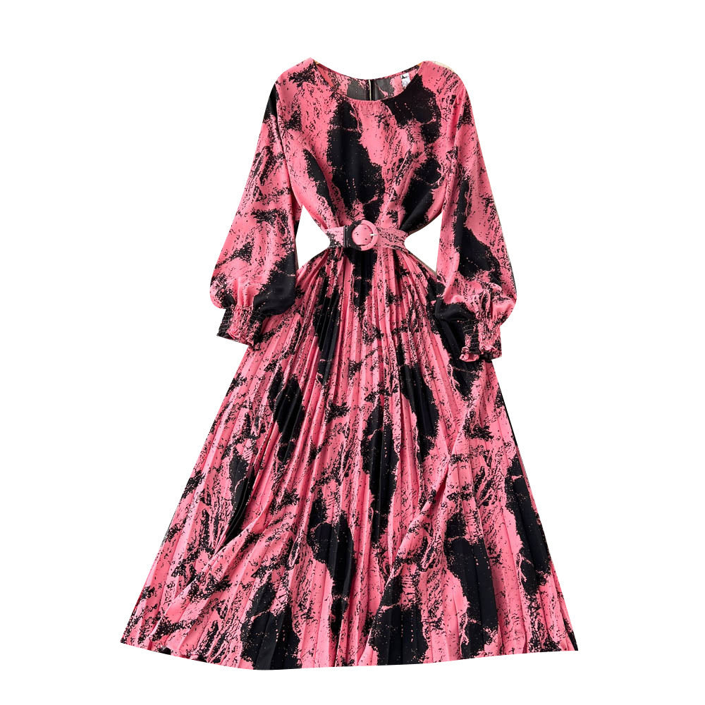 European Style Retro Printed Heavy-duty Pleated Dress