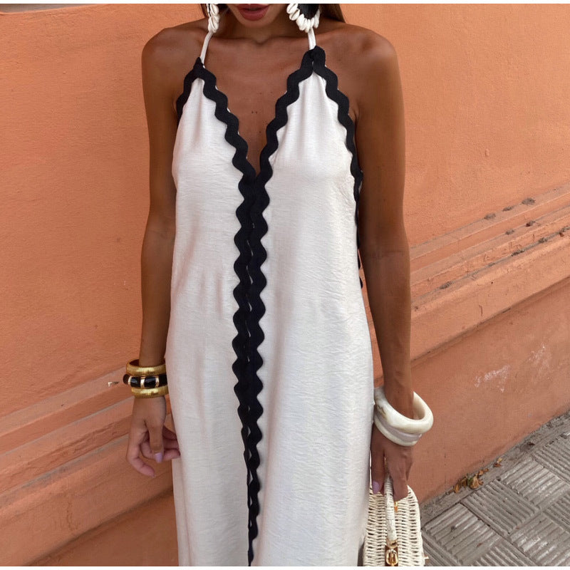 Elegant Spliced Halterneck With Suspenders Dress