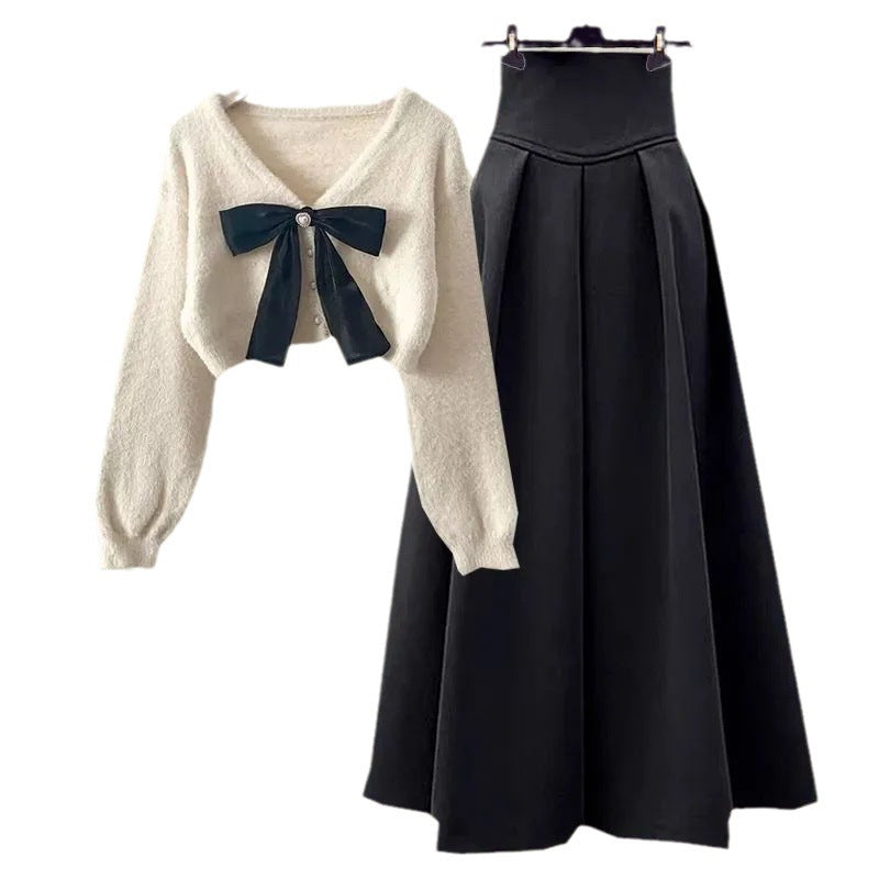 Knitted Blouse With Turtleneck Vest And Skirt