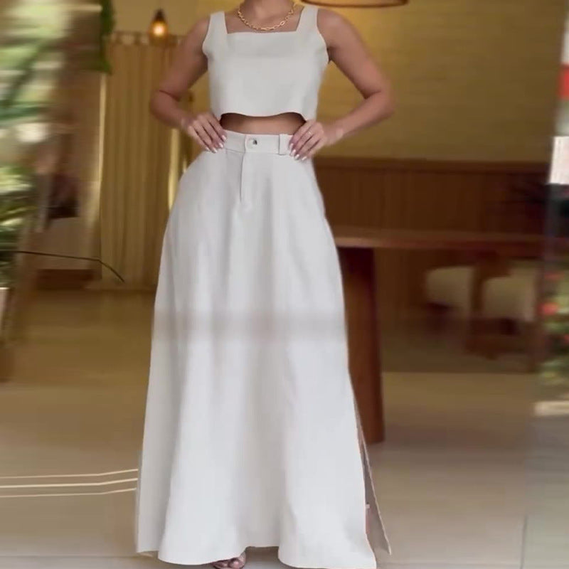Square-neck Short Sleeveless High Waist Skirt Suit