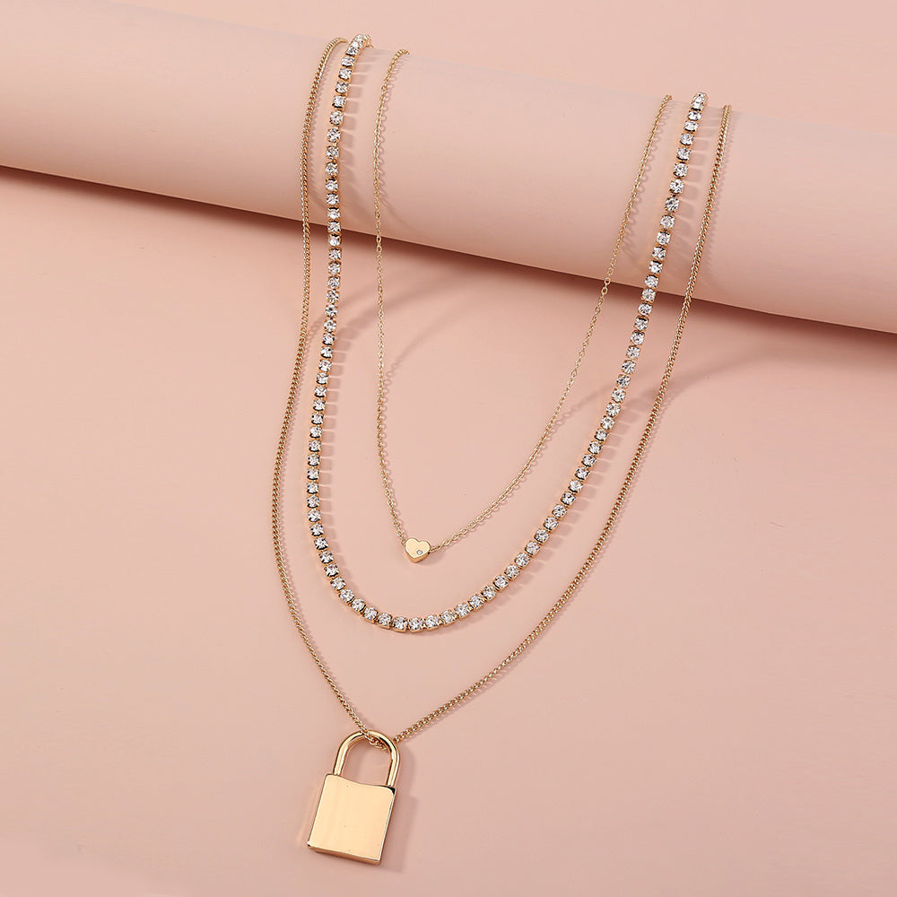 Lock pendant multi-layer Gold Necklace